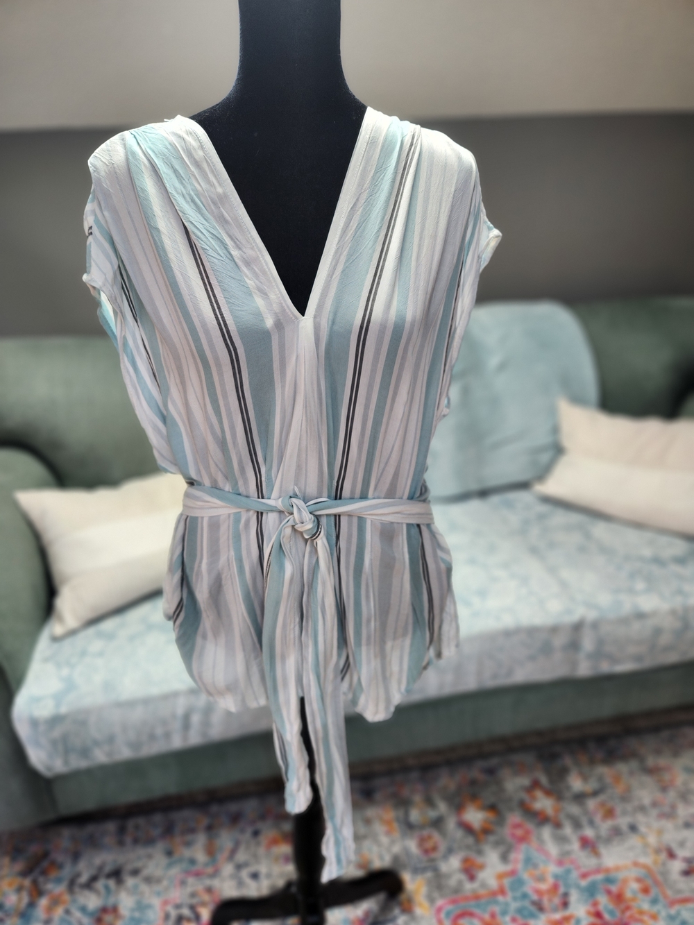 Max Studio Blue and White Striped Blouse with Waist Tie Large